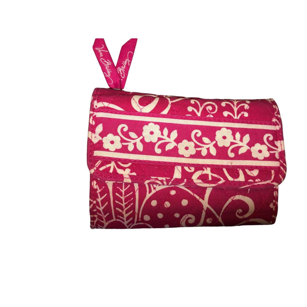 Vera Bradley Pink Floral Quilted Cotton Trifold Wallet with ID Window and Zip